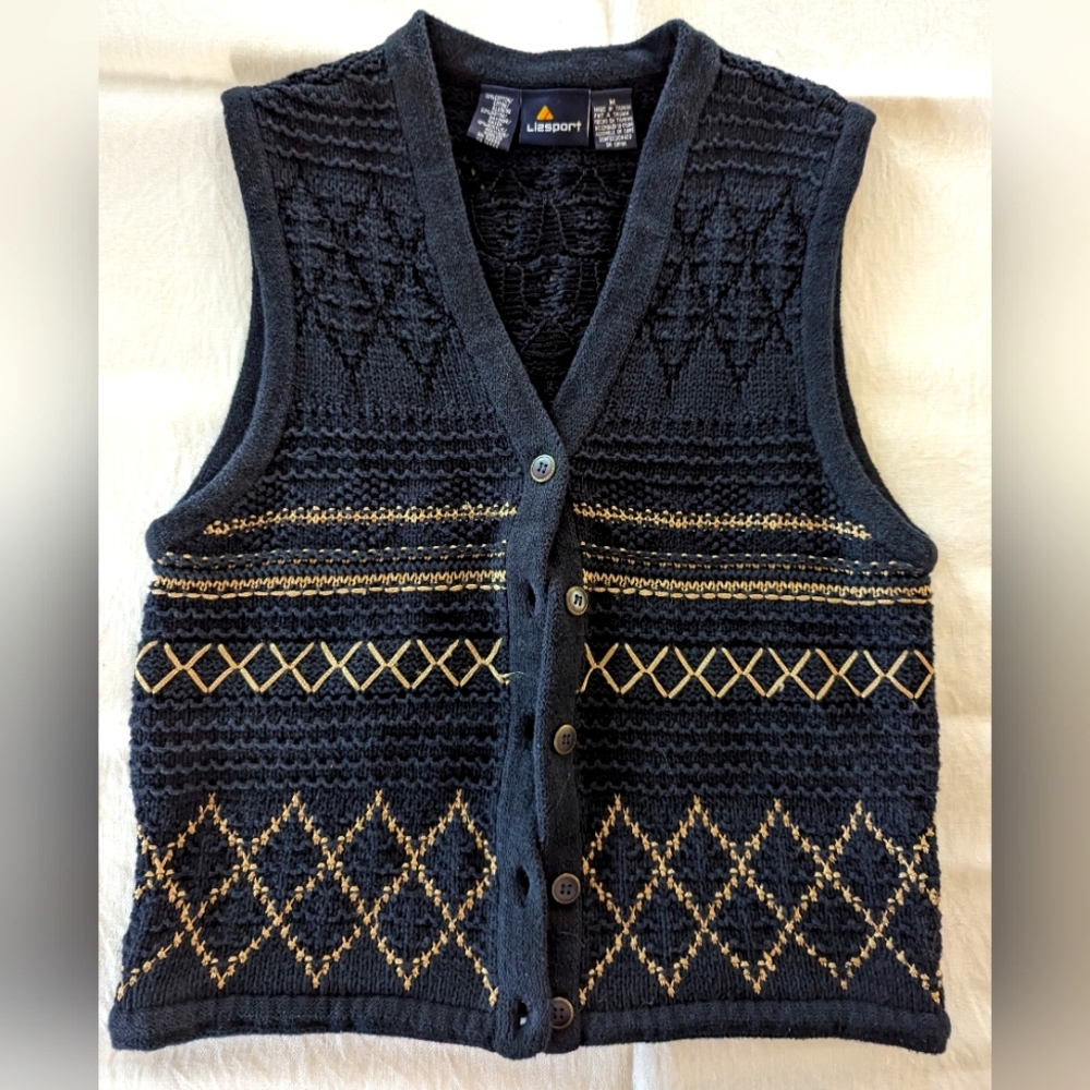 Vintage Academia Lizsport Button Front Navy Sweater Vest Women's M